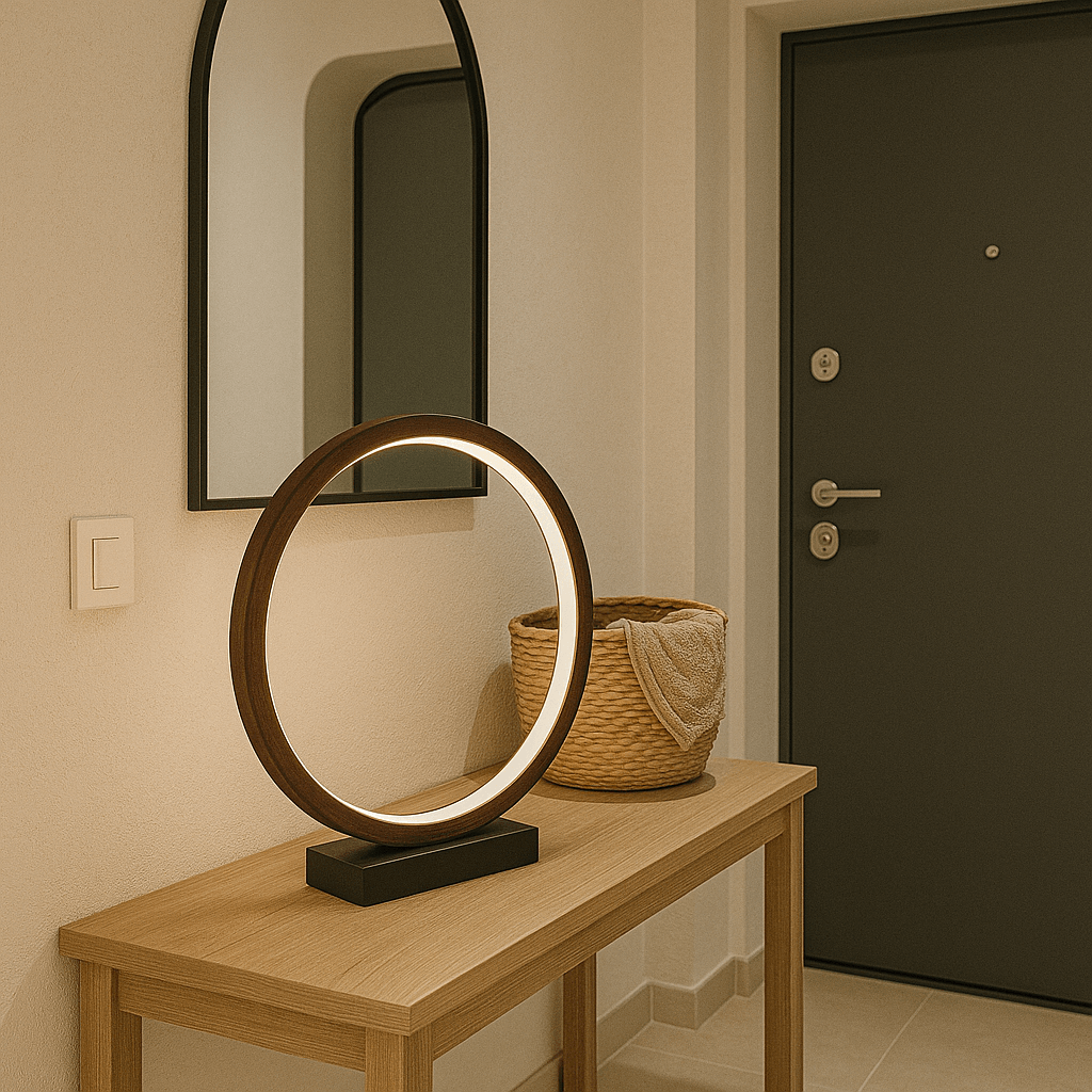 LAMPA STOŁOWA RAVELLA S OBRĘCZ BRĄZOWA IMITACJA DREWNA PODSTAWA CZARNY MARMUR