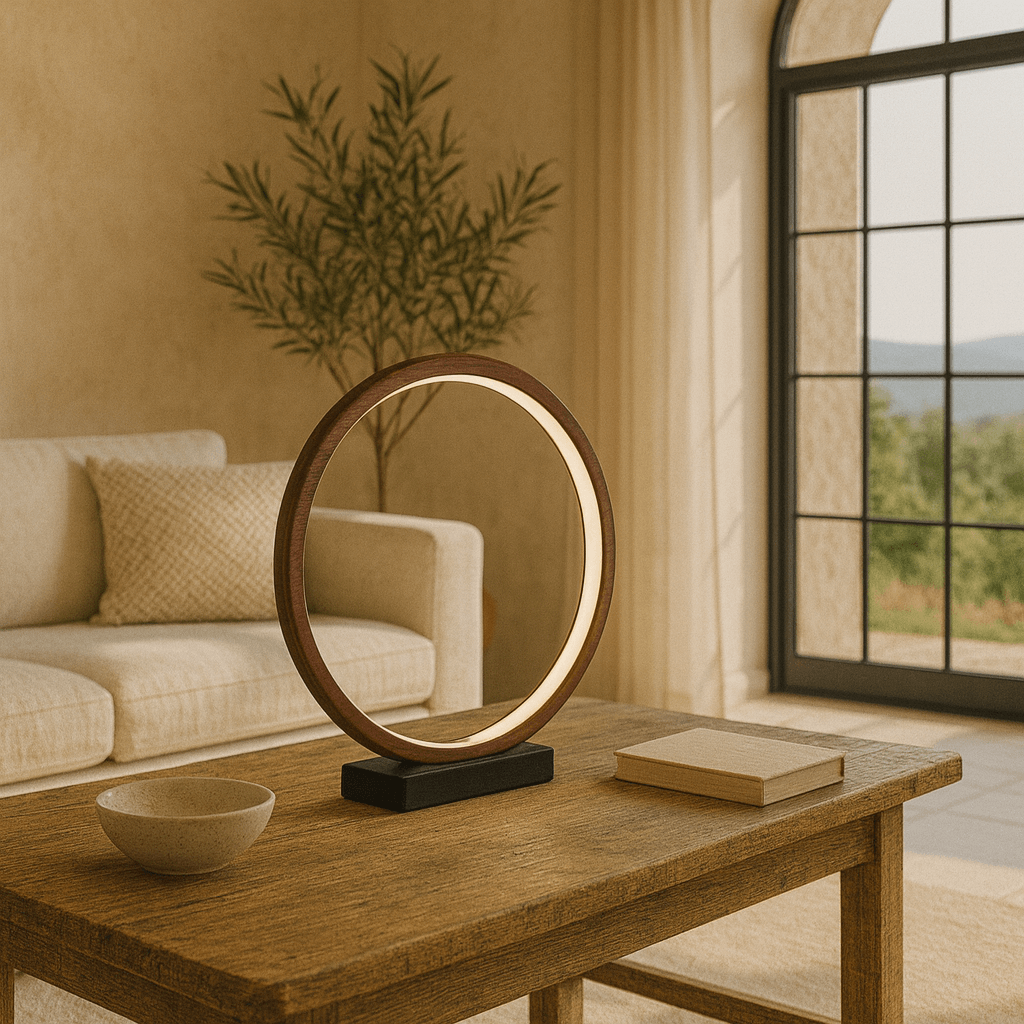 LAMPA STOŁOWA RAVELLA S OBRĘCZ BRĄZOWA IMITACJA DREWNA PODSTAWA CZARNY MARMUR