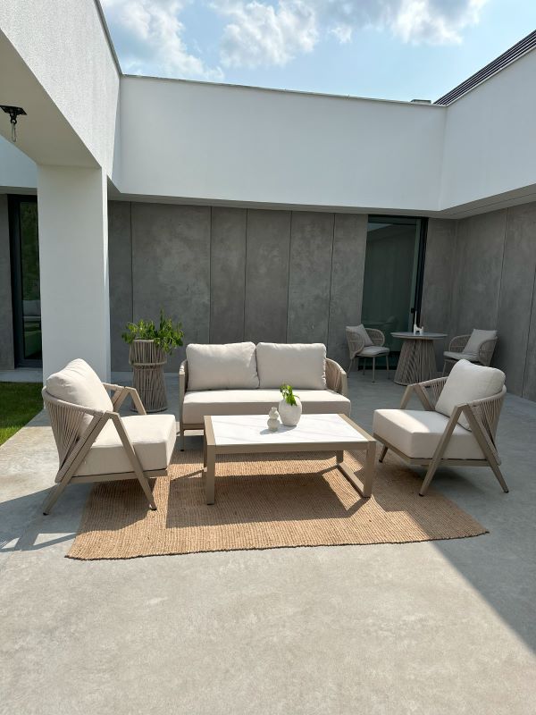 ZESTAW OGRODOWY ALUMINIOWY MAKSYMO Z SOFĄ 2-OSOBOWĄ, 2 FOTELAMI I STOLIKIEM KAWOWYM