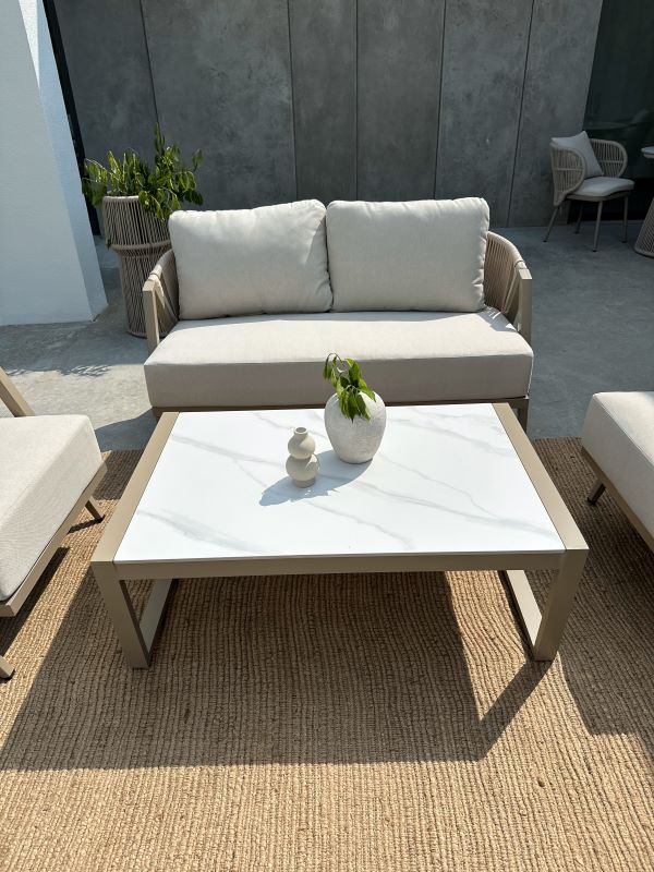 ZESTAW OGRODOWY ALUMINIOWY MAKSYMO Z SOFĄ 2-OSOBOWĄ, 2 FOTELAMI I STOLIKIEM KAWOWYM