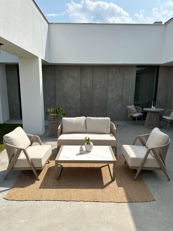 ZESTAW OGRODOWY ALUMINIOWY MAKSYMO Z SOFĄ 2-OSOBOWĄ, 2 FOTELAMI I STOLIKIEM KAWOWYM