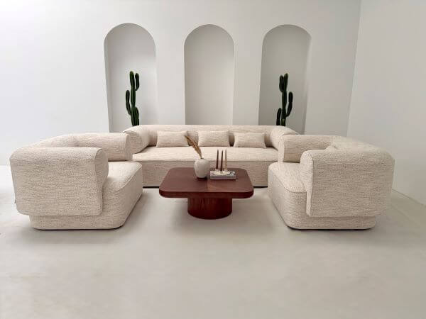 ZESTAW WYPOCZYNKOWY BELAGIO KREMOWY MELANŻ Z BORDEM SOFA 3-OSOBOWĄ I 2 FOTELE