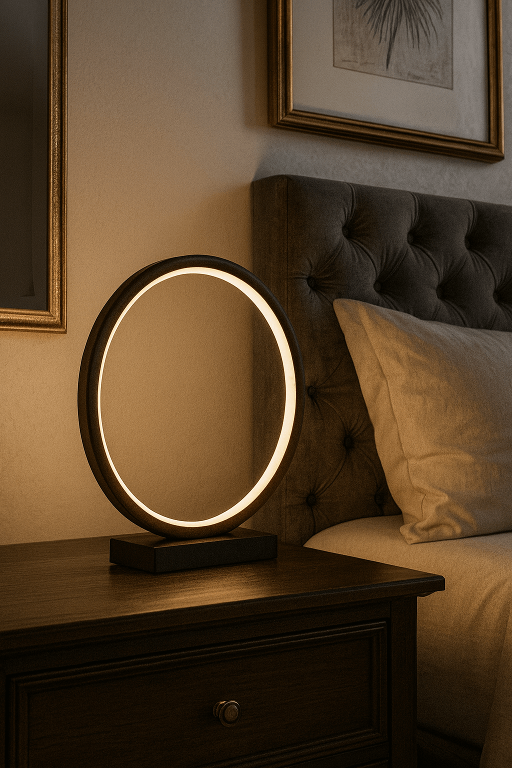 LAMPA STOŁOWA RAVELLA M OBRĘCZ BRĄZOWA IMITACJA DREWNA PODSTAWA CZARNY MARMUR