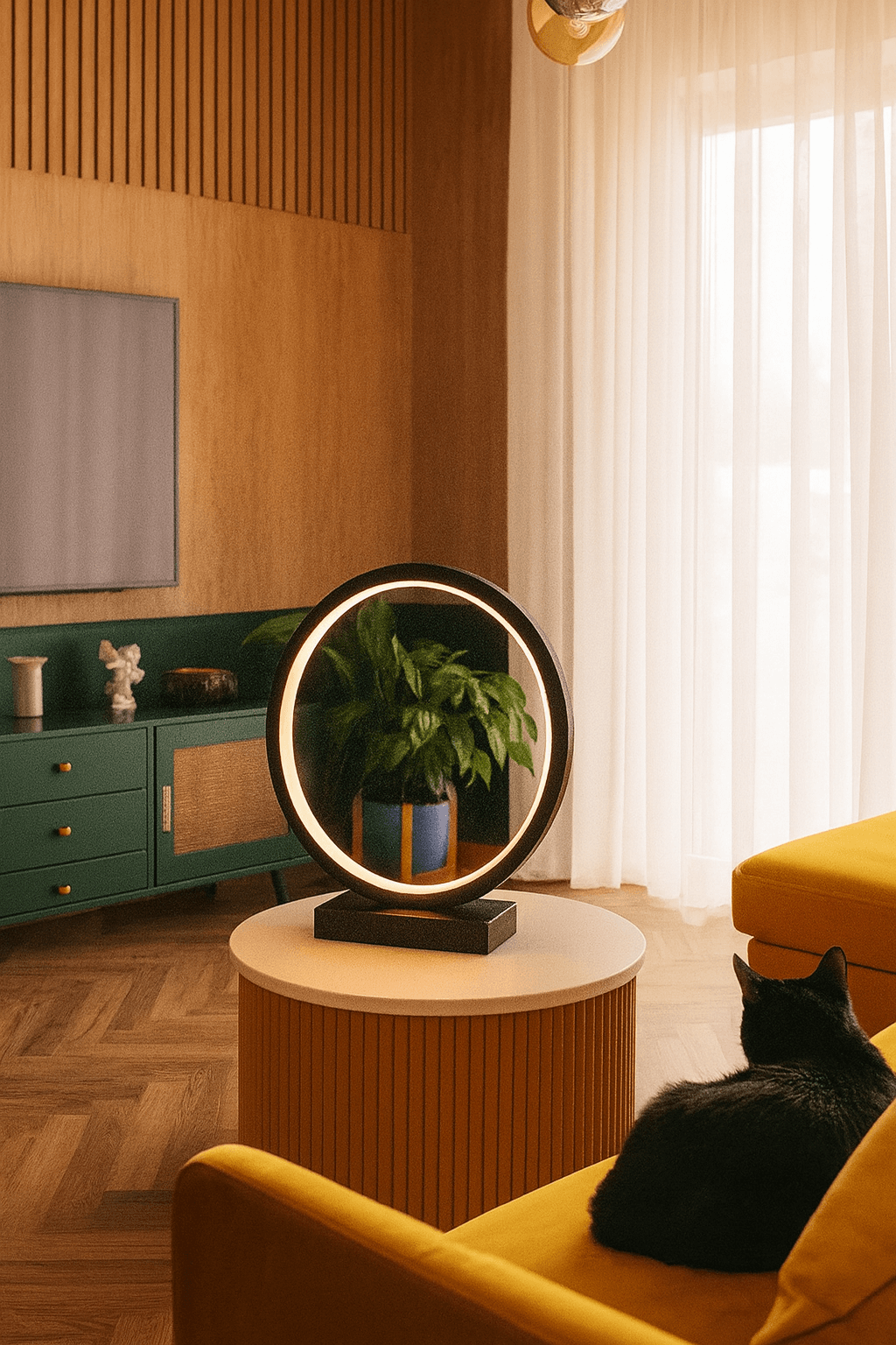 LAMPA STOŁOWA RAVELLA M OBRĘCZ BRĄZOWA IMITACJA DREWNA PODSTAWA CZARNY MARMUR