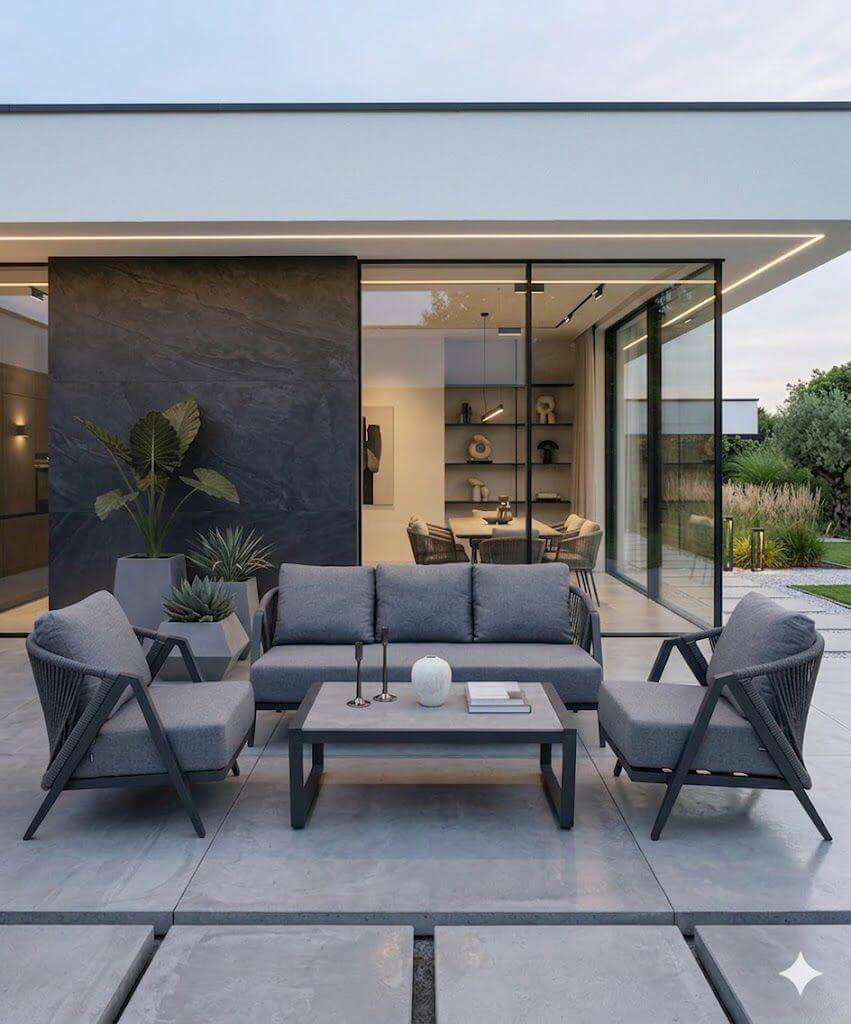 ZESTAW OGRODOWY ALUMINIOWY MAKSYMO Z SOFĄ 3-OSOBOWĄ, 2 FOTELAMI I STOLIKIEM KAWOWYM - SZARY