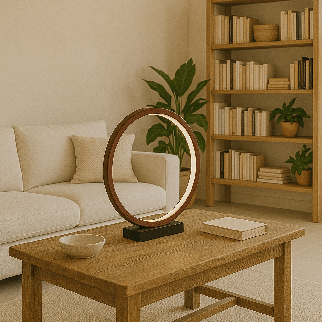 LAMPA STOŁOWA RAVELLA S OBRĘCZ BRĄZOWA IMITACJA DREWNA PODSTAWA CZARNY MARMUR