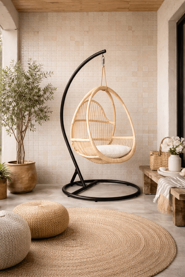 FOTEL WISZĄCY HENRY ECRU ZE STELAŻEM